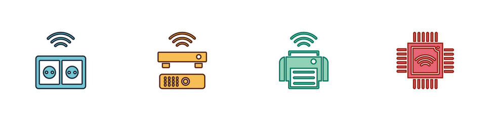 Sticker - Set Smart electrical outlet, Wireless TV box receiver, printer and Processor with microcircuits CPU icon. Vector