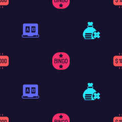 Poster - Set Money bag, Online poker table game, Bingo and prize casino on seamless pattern. Vector
