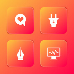 Sticker - Set Heart in speech bubble, Electric plug, Fountain pen nib and Monitor with cardiogram icon. Vector