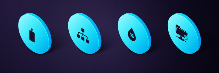 Poster - Set Isometric FTP sync refresh, Water drop percentage, Hierarchy organogram chart and Burning candle icon. Vector