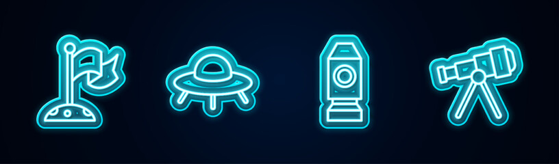 Wall Mural - Set line Moon with flag, UFO flying spaceship, Rocket and Telescope. Glowing neon icon. Vector