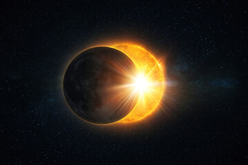 Poster - Amazing solar eclipse and rays of light on the starry sky. Sun and moon in space