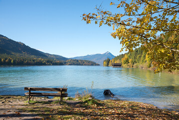 Wall Mural - bench at lake shore Walchensee, view to Herzogstand mountain, autumnal landscape and boathouse