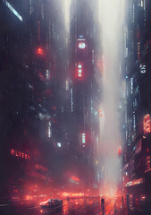 Wall Mural - busy street view of a rainy and foggy dark futuristic city with neon lights, glowing advertising sig