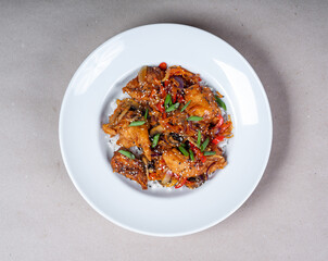 Asian cuisine. Close-up of white plate of rice and herb spicy fried chicken. Top view