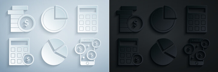 Poster - Set Pie chart infographic, Calculator, with dollar symbol, Smartphone, and Coin money icon. Vector