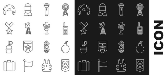 Sticker - Set line Military rank, Bomb ready to explode, Walkie talkie, Flashlight, Radar, reward medal, helmet and Human target sport for shooting icon. Vector