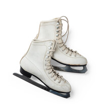 Pair Of Traditional Vintage White Ice Skates, Romantic Design Element For Your Winter Or Christmas Related Cards Or Layouts - Isolated Over A Transparent Background, Top View / Flat Lay