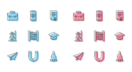 Sticker - Set line Paper airplane, Magnet, Briefcase, Ringing bell, Abacus, Graduation cap, Glass test tube flask fire and screen smartphone icon. Vector