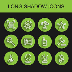 Sticker - Set line Hand holding money bag, Map marker with silhouette of person, Fingerprint, Flasher siren, Magnifying glass footsteps, Safe, Judge gavel and Walkie talkie icon. Vector