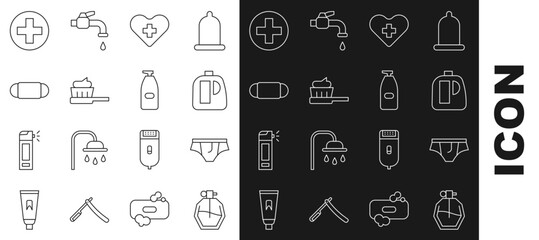 Sticker - Set line Perfume, Underwear, Bottles for cleaning agent, Heart with cross, Toothbrush toothpaste, Medical protective mask, Cross hospital medical and of liquid antibacterial soap icon. Vector