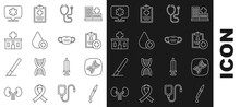 Set Line Pipette, DNA Symbol, Patient Record, Stethoscope, Donate Drop Blood, Hospital Building, Location Hospital And Medical Protective Mask Icon. Vector