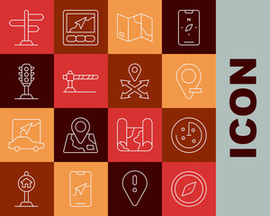 Poster - Set line Compass, Radar with targets on monitor, Location, Folded map, Parking car barrier, Traffic light, Road traffic sign and icon. Vector