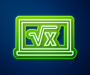 Sticker - Glowing neon line Square root of x glyph on chalkboard icon isolated on blue background. Mathematical expression. Vector