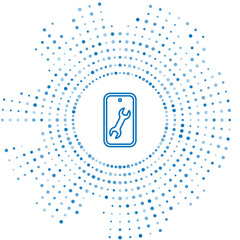 Poster - Blue line Mobile phone with wrench icon isolated on white background. Adjusting, service, setting, maintenance, repair. Abstract circle random dots. Vector