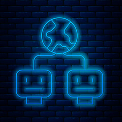 Poster - Glowing neon line Artificial intelligence icon isolated on brick wall background. Machine learning, cloud computing, automated support assistance and networks. Vector