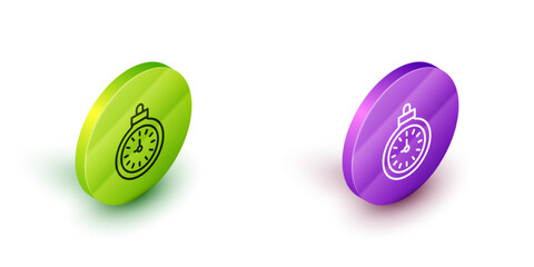 Sticker - Isometric line Pocket watch icon isolated on white background. Green and purple circle buttons. Vector