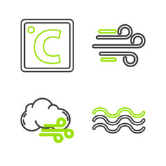 Sticker - Set line Waves, Windy weather, and Celsius icon. Vector