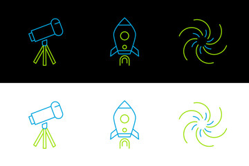 Poster - Set line Black hole, Telescope and Rocket ship with fire icon. Vector