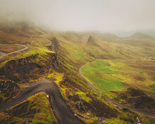 Aerial View Of The Famous Quiraing Mountain Pass, Isle Of Skye, Scottish Highlands, Scotland, United Kingdom.