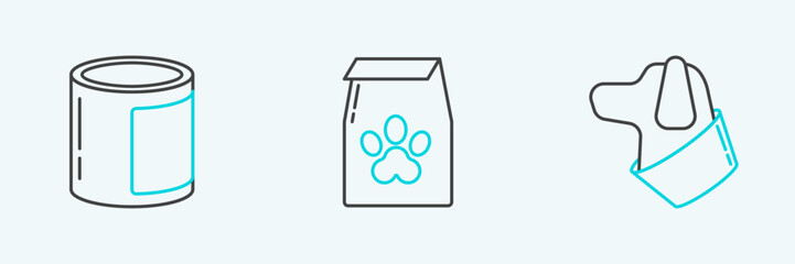 Poster - Set line Dog, Canned food and Bag of for pet icon. Vector