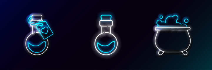 Poster - Set line Witch cauldron, Bottle with love potion and icon. Glowing neon. Vector