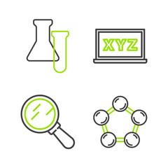 Poster - Set line Molecule, Magnifying glass, XYZ Coordinate system and Test tube and flask icon. Vector