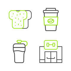 Poster - Set line Gym building, Fitness shaker, Coffee cup to go and Bread toast icon. Vector