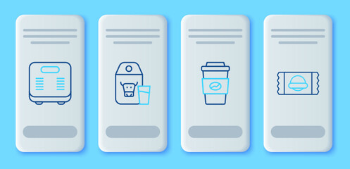 Sticker - Set line Paper package for milk, Coffee cup to go, Bathroom scales and Sports nutrition icon. Vector