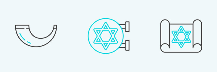 Sticker - Set line Torah scroll, Traditional ram horn, shofar and Jewish synagogue icon. Vector