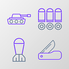 Sticker - Set line Swiss army knife, Aviation bomb, Bullet and Military tank icon. Vector