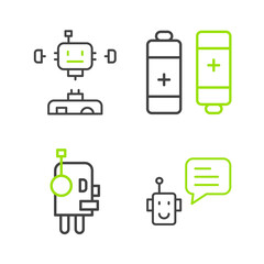 Poster - Set line Bot, Robot, Battery and Disassembled robot icon. Vector