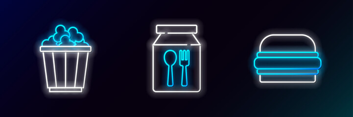 Poster - Set line Burger, Popcorn in box and Online ordering and delivery icon. Glowing neon. Vector