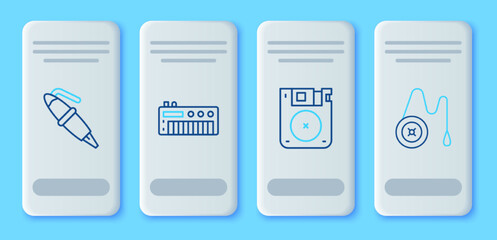 Sticker - Set line Music synthesizer, Floppy disk, Fountain pen nib and Yoyo toy icon. Vector