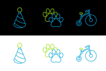 Poster - Set line Vintage bicycle with one big wheel and one small, Party hat and Paw print icon. Vector