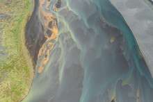 Aerial View Of Water Formation At River Estuary, Akurey, Iceland.