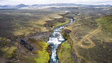 Aerial View Of Axlafoss Waterfall, Skaftarhreppur, Iceland.
