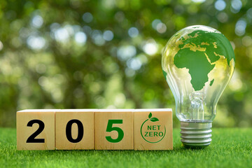 2050 Carbon neutral. Net zero greenhouse gas emissions target, natural environment A climate-neutral long-term strategy. green world map on a light bulb represents green energy Renewable energy.