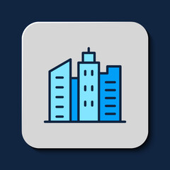 Canvas Print - Filled outline City landscape icon isolated on blue background. Metropolis architecture panoramic landscape. Vector