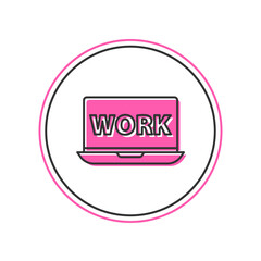 Poster - Filled outline Laptop with text work icon isolated on white background. Vector