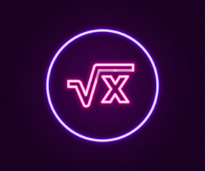 Canvas Print - Glowing neon line Square root of x glyph icon isolated on black background. Mathematical expression. Colorful outline concept. Vector