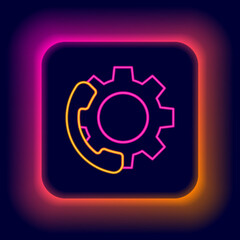 Poster - Glowing neon line Telephone 24 hours support icon isolated on black background. All-day customer support call-center. Full time call services. Colorful outline concept. Vector