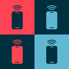 Sticker - Pop art Smartphone with free wi-fi wireless connection icon isolated on color background. Wireless technology, wi-fi connection, wireless network. Vector