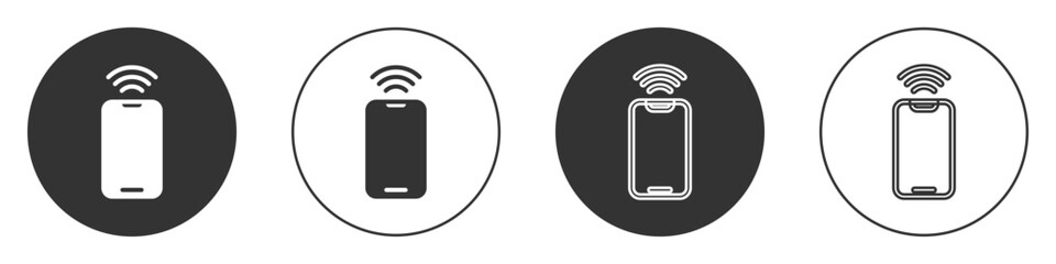 Poster - Black Smartphone with free wi-fi wireless connection icon isolated on white background. Wireless technology, wi-fi connection, wireless network. Circle button. Vector