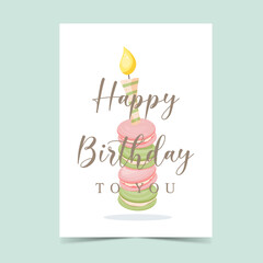 Wall Mural - Happy Birthday Greeting Card. Postcard with macarons and candle for birthday wishes. Vector illustration, make a wish