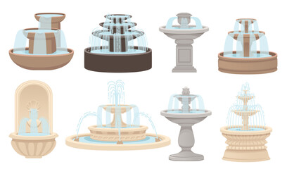 Set of stone fountains street decoration architecture vector illustration isolated on white background