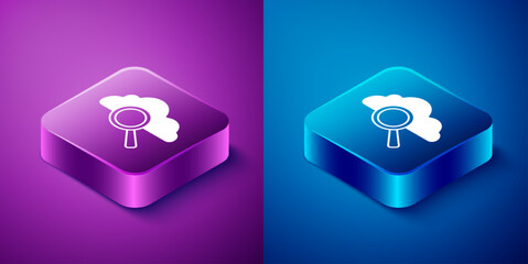 Poster - Isometric Search cloud computing icon isolated on blue and purple background. Magnifying glass and cloud. Square button. Vector