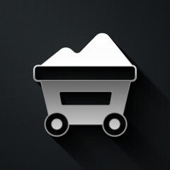 Poster - Silver Coal mine trolley icon isolated on black background. Factory coal mine trolley. Long shadow style. Vector