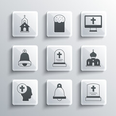 Sticker - Set Church bell, Grave with tombstone, building, Priest, and Christian cross monitor icon. Vector