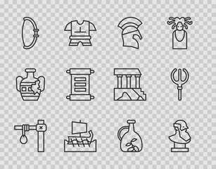 Wall Mural - Set line Gallows, Ancient bust sculpture, Greek helmet, trireme, Medieval bow, Decree, parchment, scroll, Bottle of olive oil and Neptune Trident icon. Vector